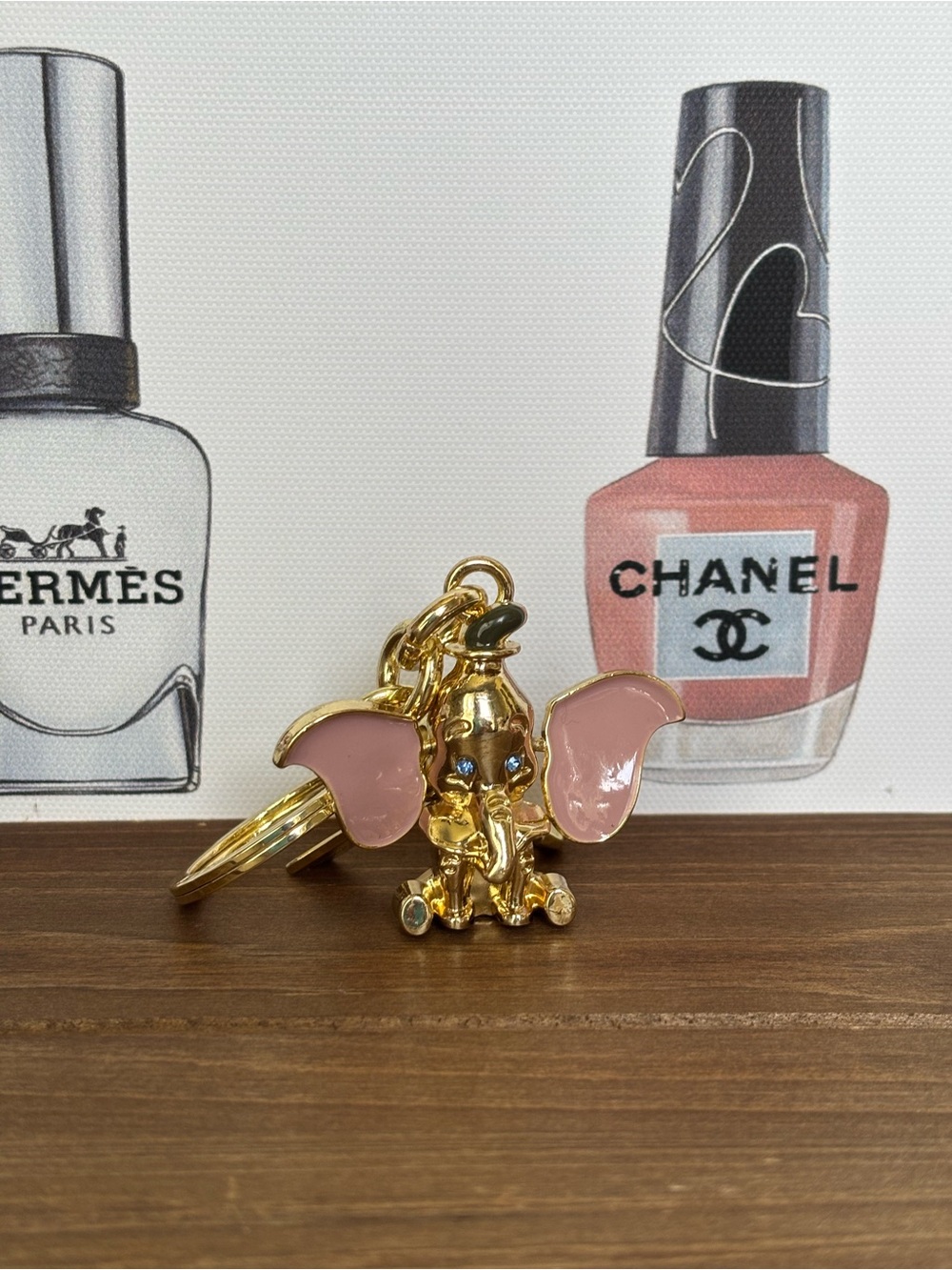 Gold-Tone Pink Elephant Charm Keychain